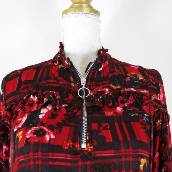 Asos Red Black Floral Plaid Long Sleeve Midi Dress 8 - Picture 6 of 13